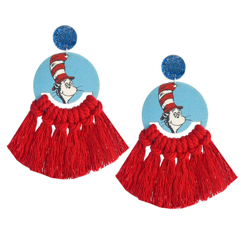 Wholesale Braided Tassel Multicolor Fan-Shaped Textured Rainbow Color Teacher Letter English Math Earrings